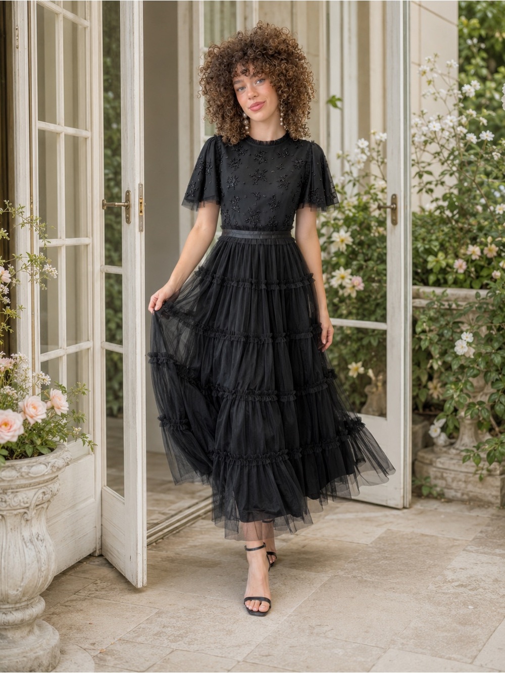 NWT Ivy City Co Anastasia Dress Black Beaded Tulle Midi XS